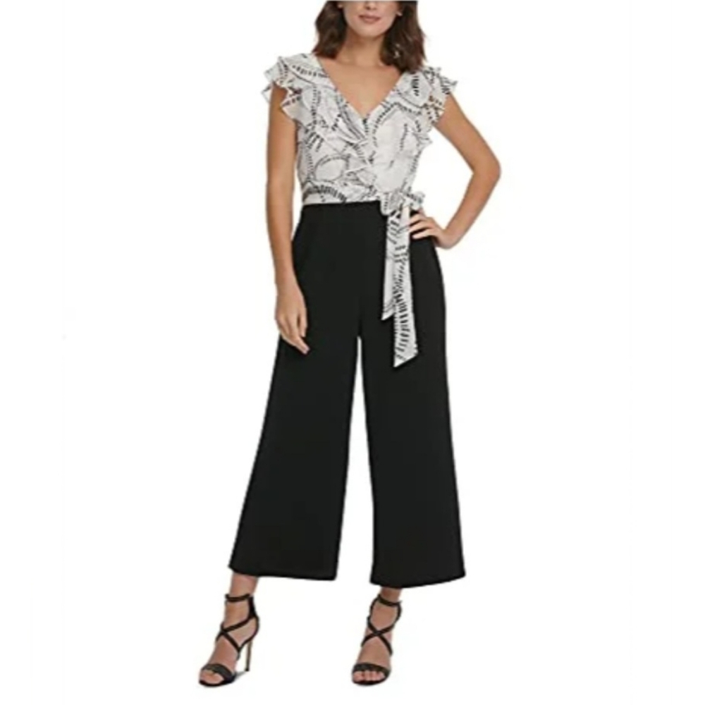 DKNY White and Black Ruffled Jumpsuit Size 8